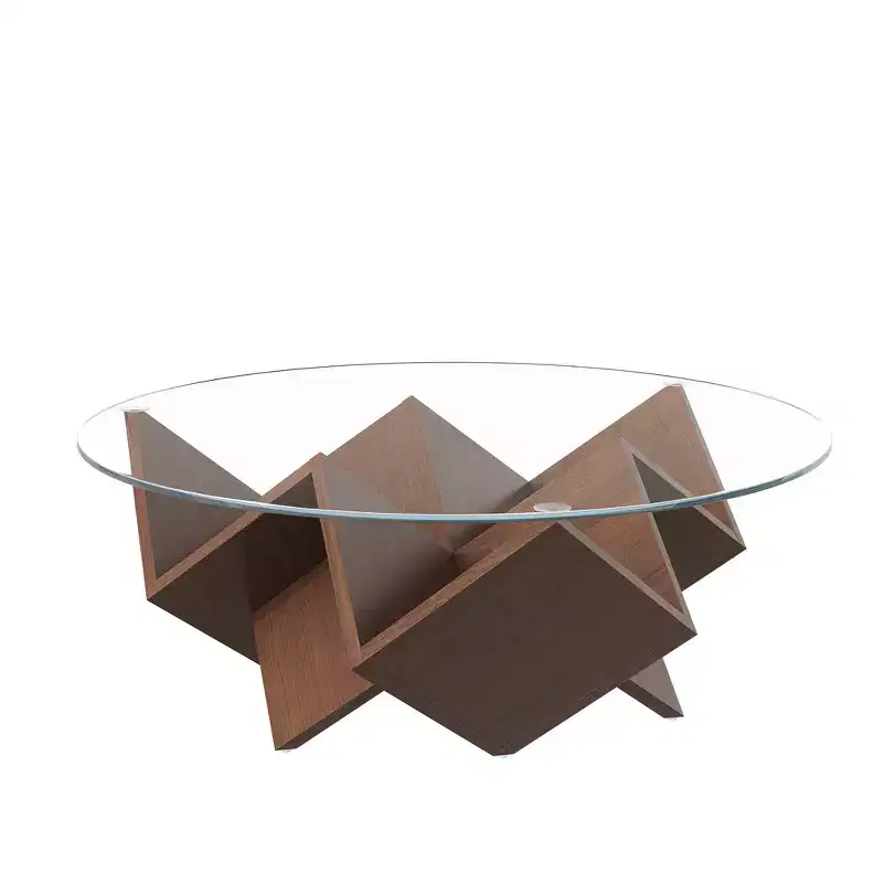 35.4 Walnut Round Coffee Table with Glass Top, Geometric Art Deco Base & Storage Shelves