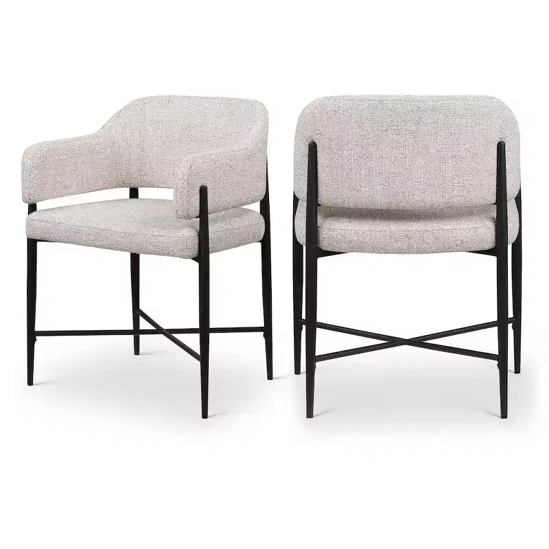 Beige Fabric Upholstered Dining Chairs Set of 2, Matte Black Iron Frame, 300 lb