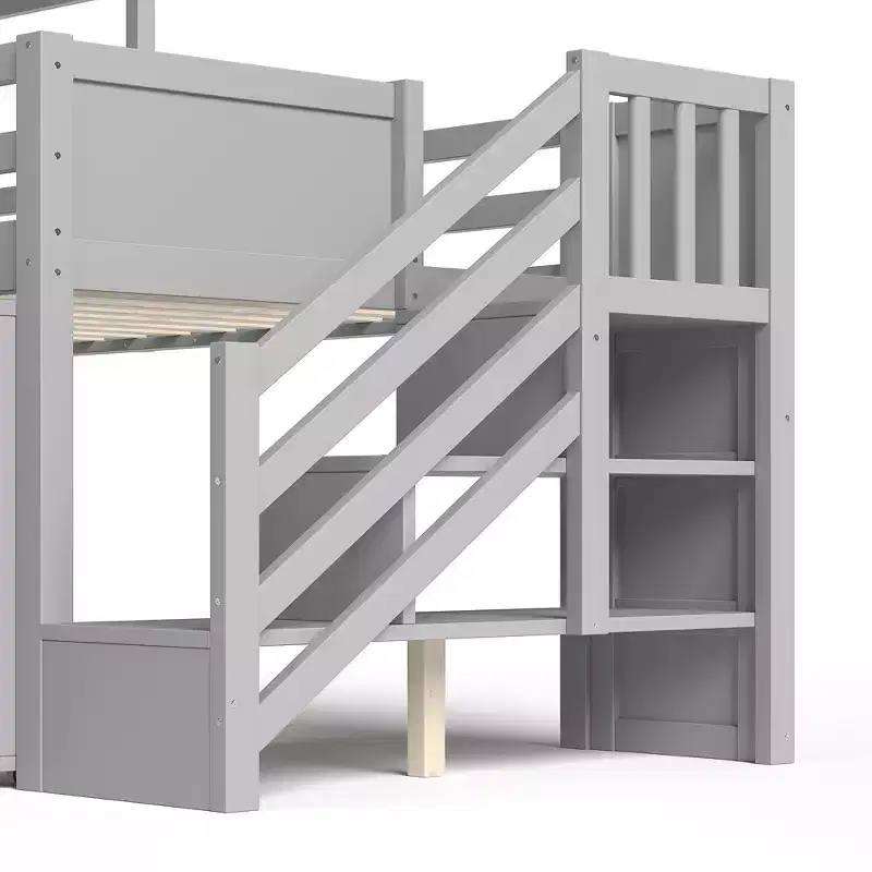 Wood Twin Loft Bed with Slide, Removable Desk & Storage Stairs