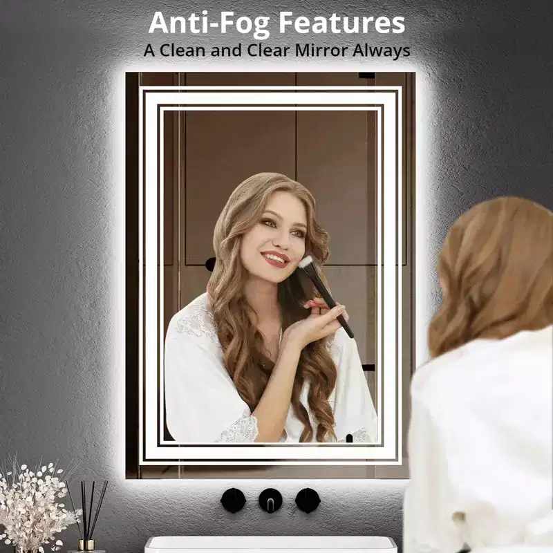 55x30 LED Bathroom Mirror with Lights,Anti-Fog,Dimmable,Backlit + Front Lit,Memory,Double LED Vanity,3 Colors,Stepless Dimming