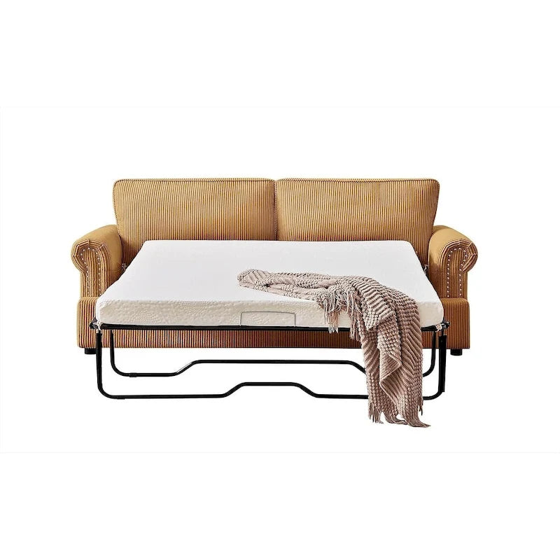 76-Inch Corduroy Sofa Bed with Round Arms and Pull-Out Queen Mattress