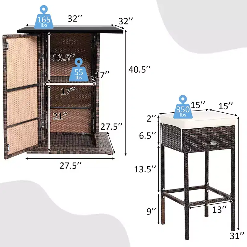 Costway Patio 5PCS Rattan Bar Table Stool Set Hidden Storage Shelf Cushioned
