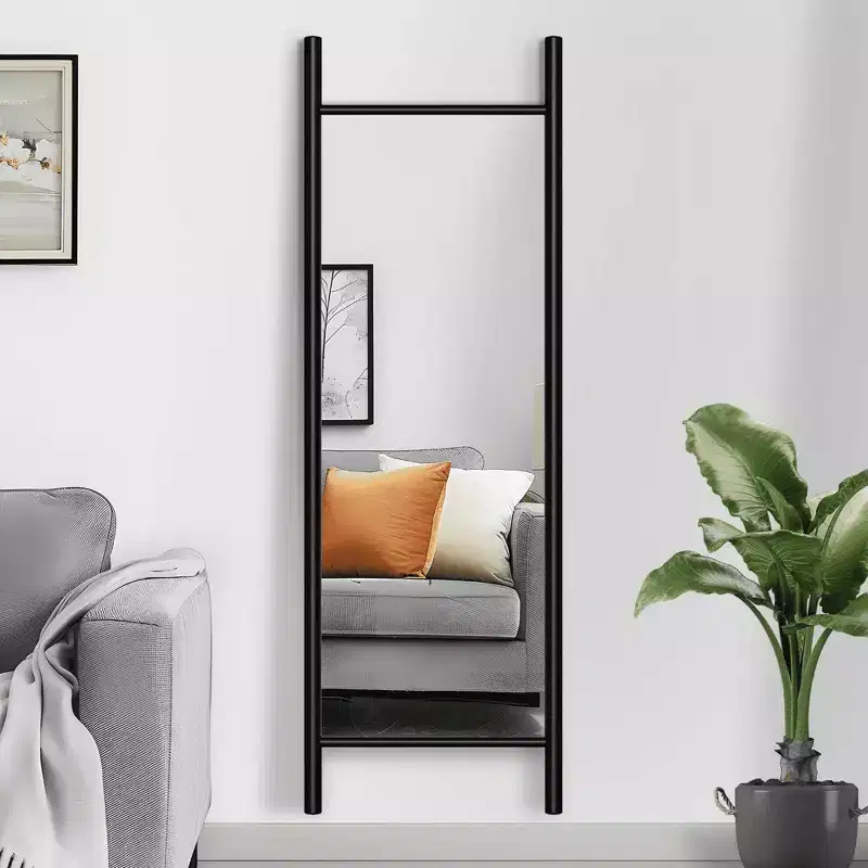 Full-Length Mirror Solid Wood Ladder Rectangle Walnut 63x24x1in No Stand
