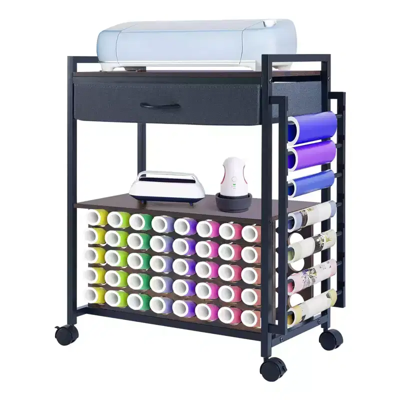 47 Rolling Craft Cart  Storage Stand with Drawer, Vinyl Roll Holder & Hooks for Cricut Machines & Home Crafting