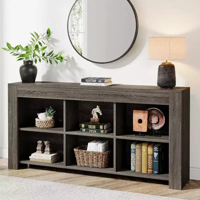Lantine Horizontal Bookcase, 6 Cube Storage Organizer Long Bookshelf, Wide Cubby console table for Home Office, Living Room