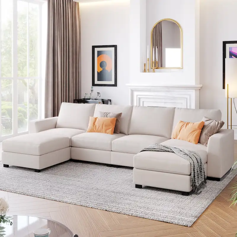 3 Pieces U shaped Sectional Sofa with 2 Removable Ottomans