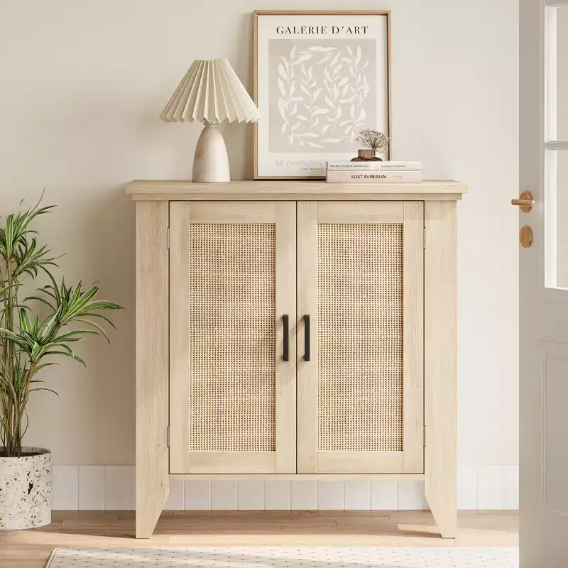 30 Rattan Sideboard Buffet Cabinet with Doors and Shelves, Wood Accent Console Cabinet for Living Room, Dining Room, Kitchen, Natural Oak