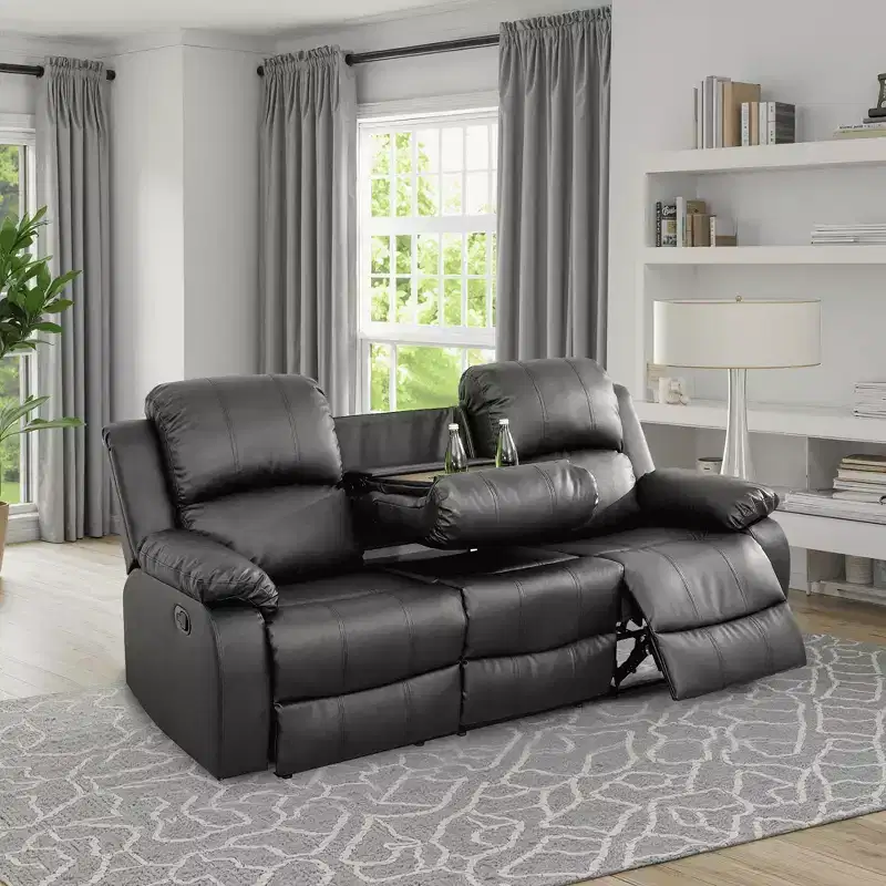 Power Recliner Sofa, Breathable Leather Reclining Chair, 3 Seater Sofa with Storage & Reversible Table for Living Room, Black