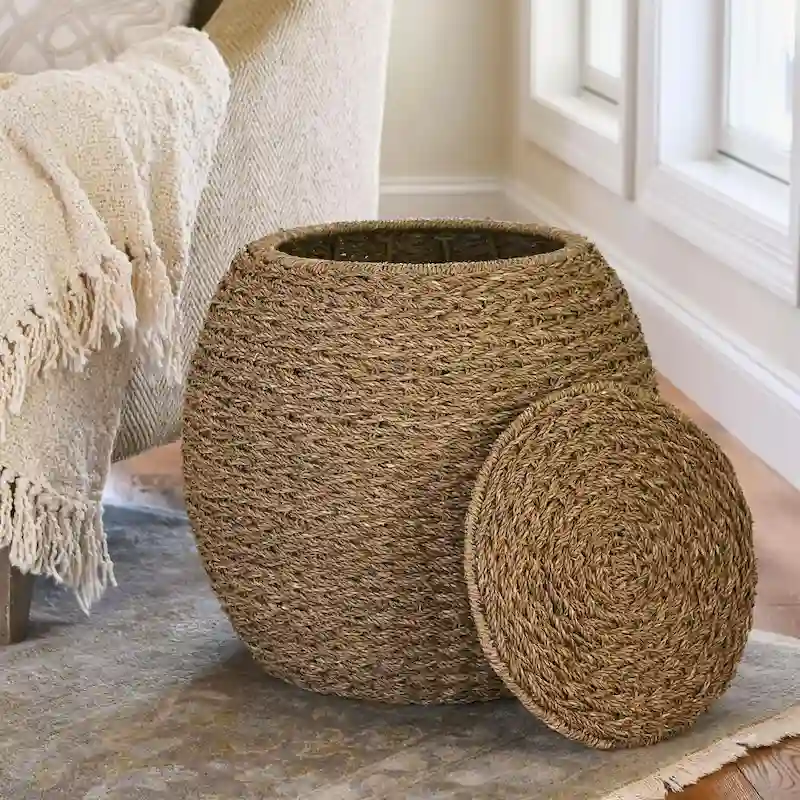 Handwoven Barrel Wicker Storage Basket Side Table - 17.0L x 17.0W x 19.0H