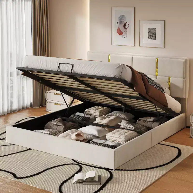 Queen Size PU Leather Upholstered Platform Bed with Hydraulic Storage System, Wooden Bed Frame with Lift Up Storage and Headboard