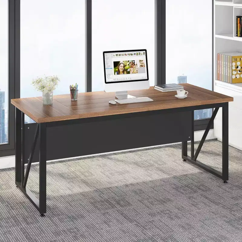 63-Inch Computer Desk, Modern Home Office Writing Table for Workstation, Dark Walnut Finish, Steel Legs