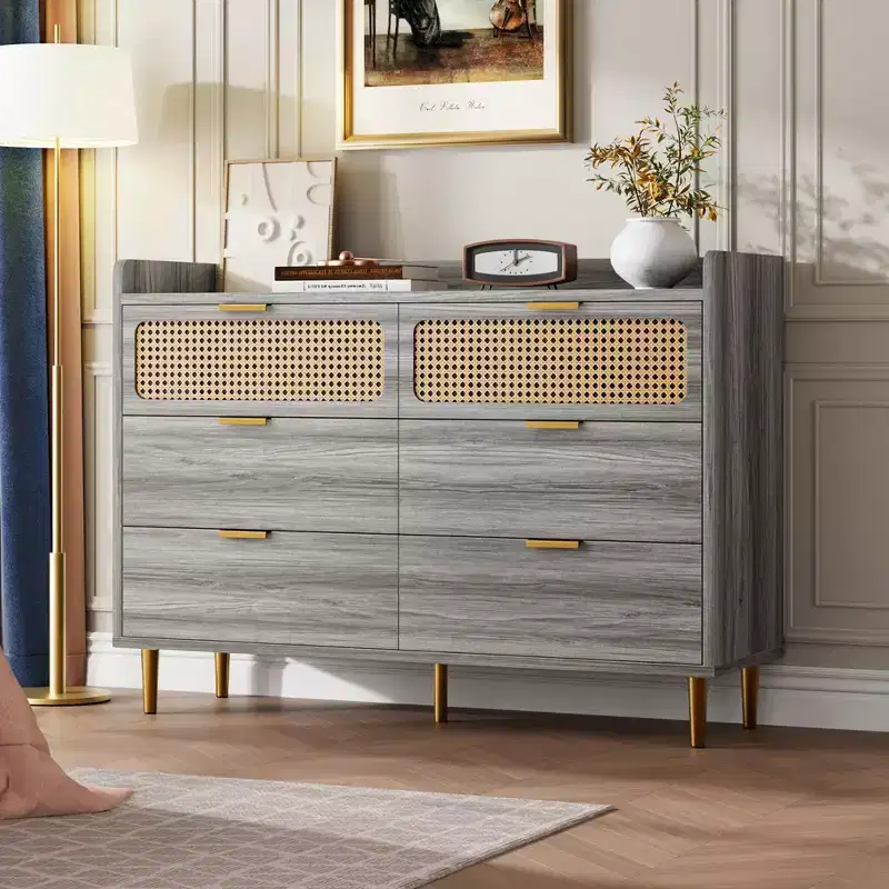 Dresser for Bedroom, 6-Drawer Mid Century Modern Dresser with Gold Hardware & Rattan Design, TV Stand