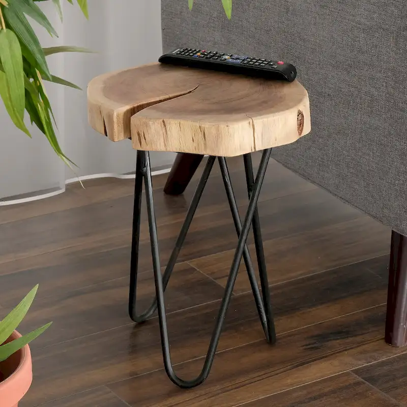 Colton 12 in. Round Acacia Wood Accent End Table with Black Metal Legs