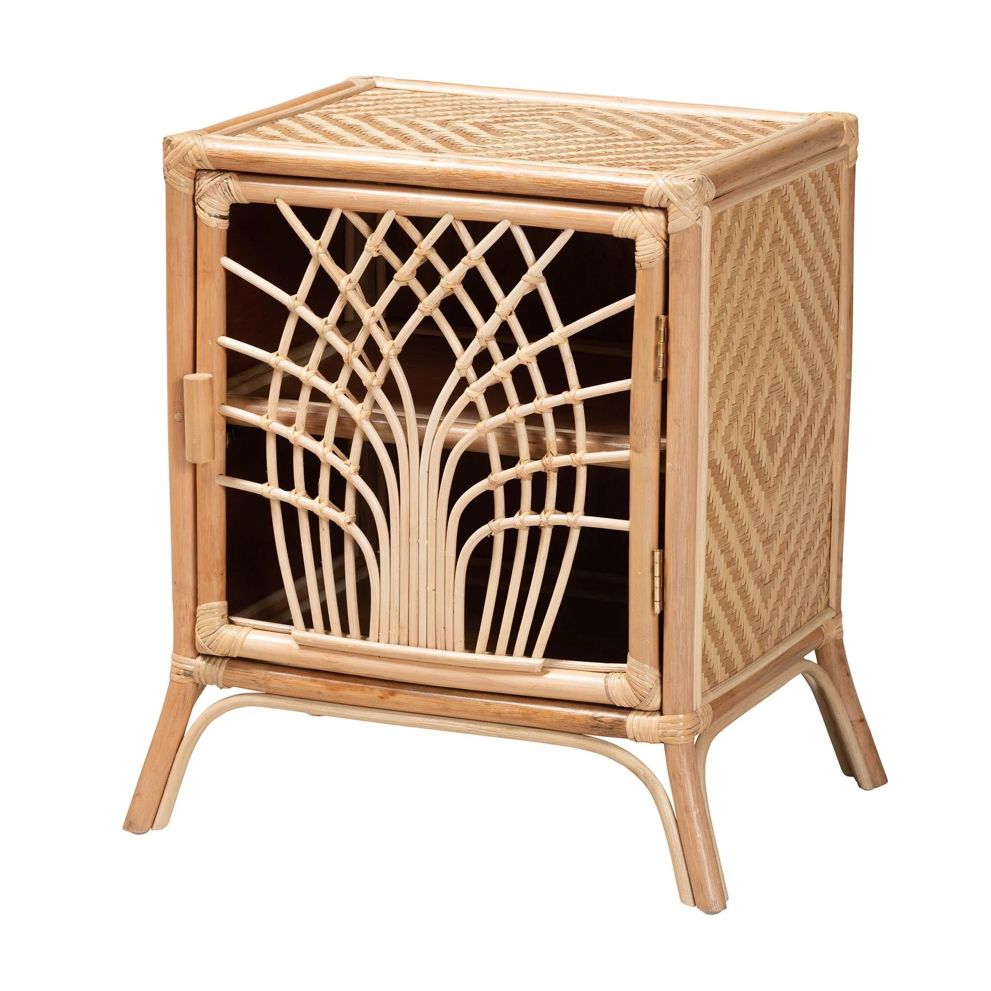 Handwoven Rattan Nightstand with Artisan Openwork Door
