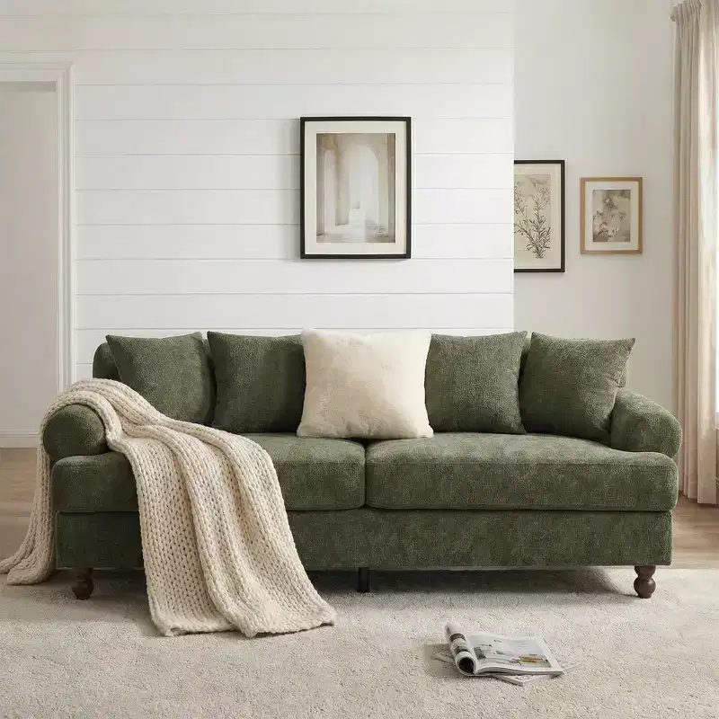 81.5 Upholstered Sofa, Chenille 3-Seater Couch with Pillows and Rubberwood Legs for Living Room, Green