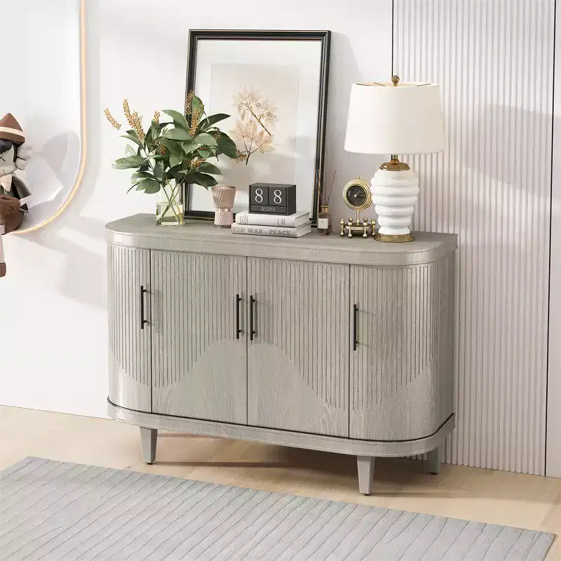 Curved Sideboard Buffet Cabinet with 4 Doors – Adjustable Shelves, Coffee Bar Cabinet for Living Room