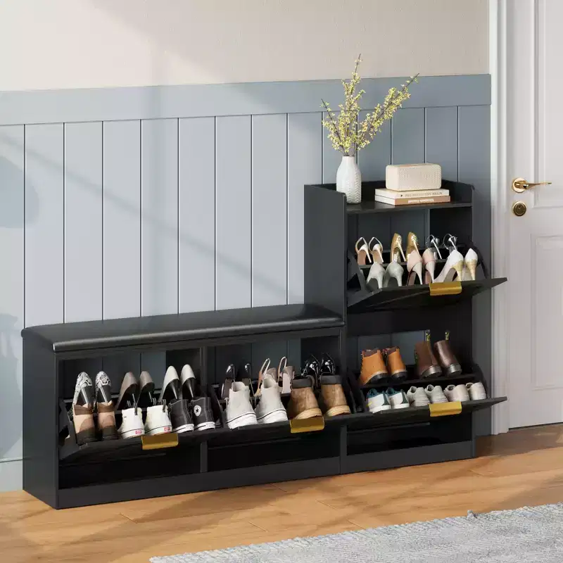 Shoe Cabinet, Freestanding Shoe Rack Bench with 4 Flip-Top Drawers, Shoe Storage Rack, and Comfortable Cushioned Seat, Suitable for Foyer and Hallway