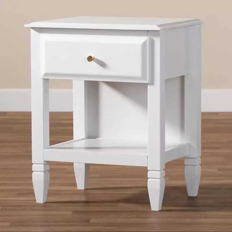Wood Bedroom Nightstand, White/Gold