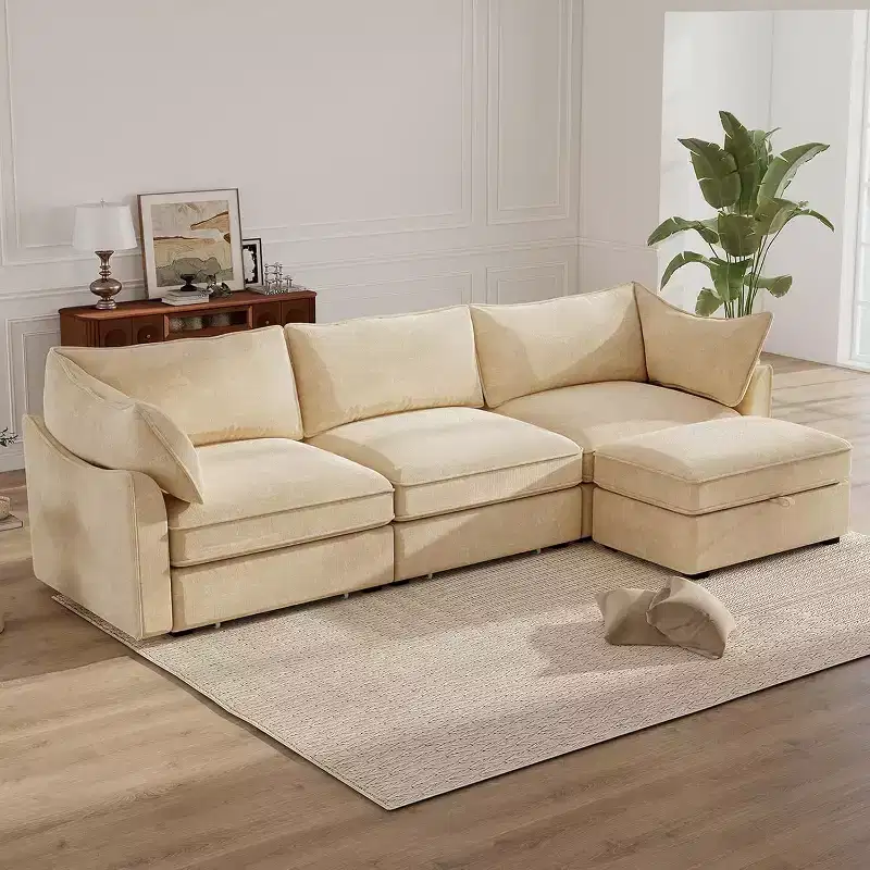 MooxvMoo 112in Chenille Sofas for Living Room,L Shaped Couch with Storage,Sectional Couch w/ Pull Out Drawer & Throw Pillows & Storage Ottoman,Wheat