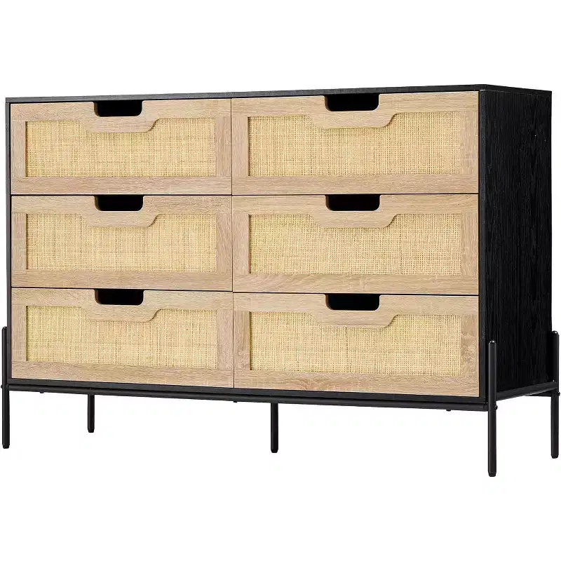Acekool 6 Drawer Rattan Dresser, Fluted Chest with Stable Legs, Anti-Tipping Storage Cabinet for Bedroom