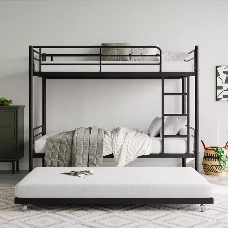 Twin over Twin Bunk Bed with Trundle, Metal Bunk Bed Frame with Ladder & Guardrails, Space Saving Bed for Teens Guests Small Bedrooms
