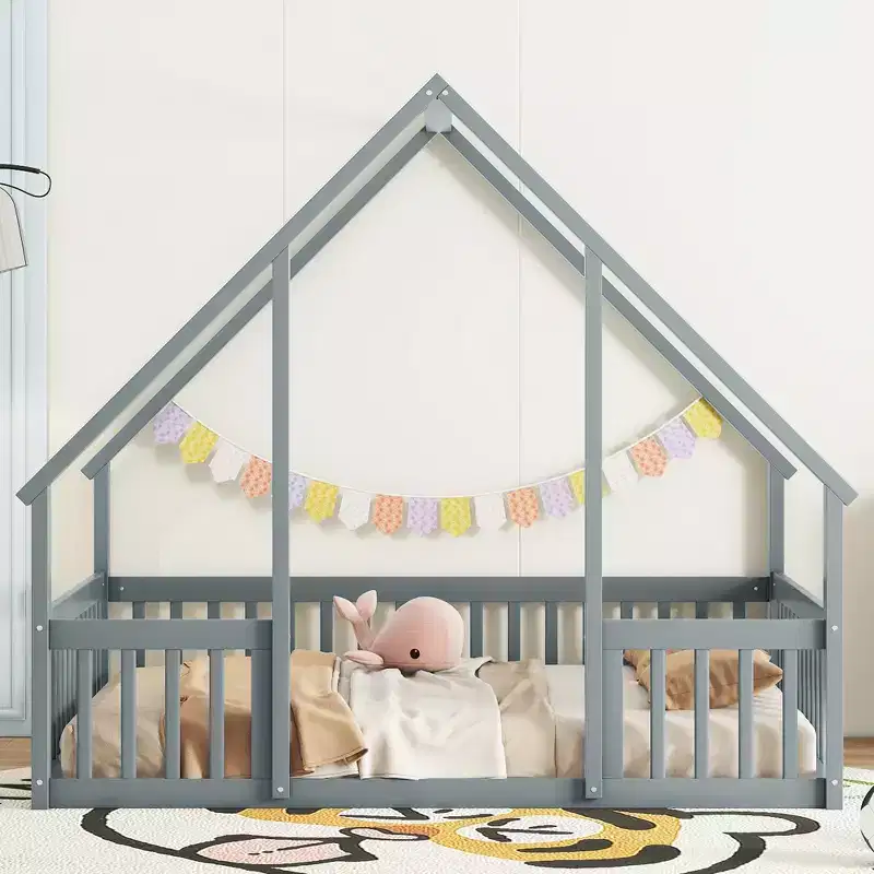 MAYEERTY Twin Wood House-shaped Floor Bed with Fence, Guardrails Gray
