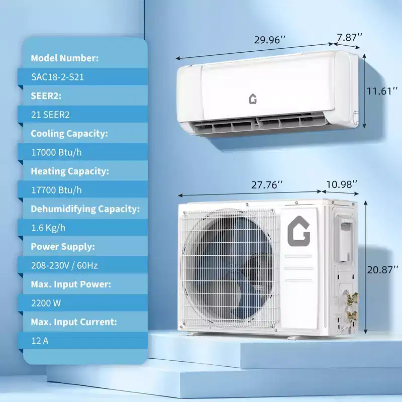 18000 BTU Wifi Mini Split AC, 21 SEER2 208-230V Inverter Ductless Wall AC w/WiFi & Alexa Compatible, Cools Rooms up to 1250 Sq.Ft, Energy Efficient