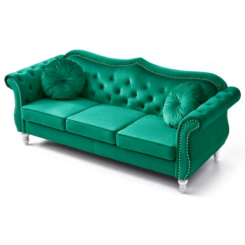 Hollywood 82 in. Velvet Chesterfield 3-Seater Sofa with 2-Throw Pillow - 82L x 35W x 34H