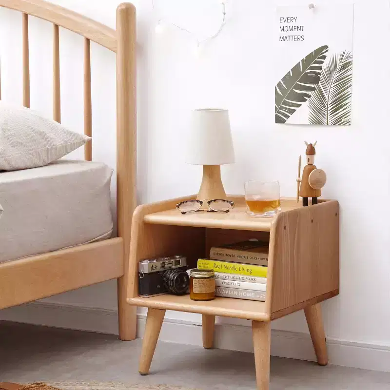 Solid Beech Wood Bedside Table, Modern Minimalist Nightstand with Open Shelf, Bedside Cabinet for Bedroom or Living Room - Panipeachy