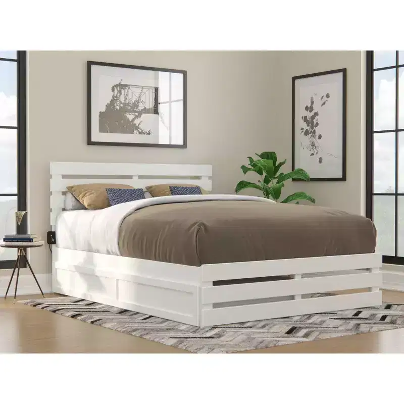 Queen Oxford Bed with Footboard, USB Charger & XL Trundle - AFI: Farmhouse Style, Hardwood Frame, Painted Finish, 800 lb Capacity