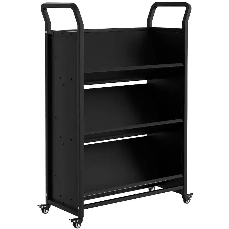Book Cart, V-Shaped Metal Rolling Cart With 4 Lockable Wheels & Side Hooks, 3-Tier Storage Bookshelf