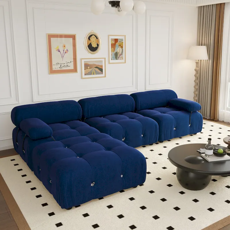 104 Wide Velvet Reversible Modular Sofa & Chaise with Ottoman