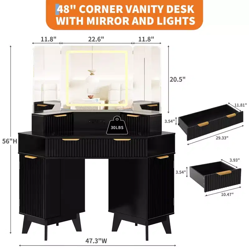 47 Corner Makeup Vanity Desk with Mirror and Light, Wooden Dressing Table with Glass Top & Charging Station, Makeup Vanity Table for Bedroom