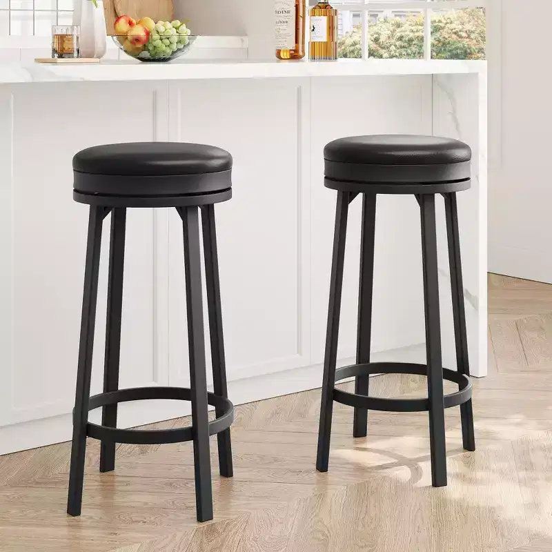 GustoWave 30'' Backless Round Swivel Bar Stools Set of 2, PU Leather Upholstery, Metal Frame & Footrest for Kitchen Island
