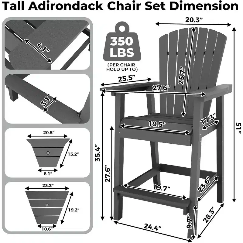 2pcs Outdoor Bar Height Adirondack Chairs with Connecting Tray, Balcony Chairs for Deck, Backyard, Outdoor Tall Adirondack Chairs Weather Resistant