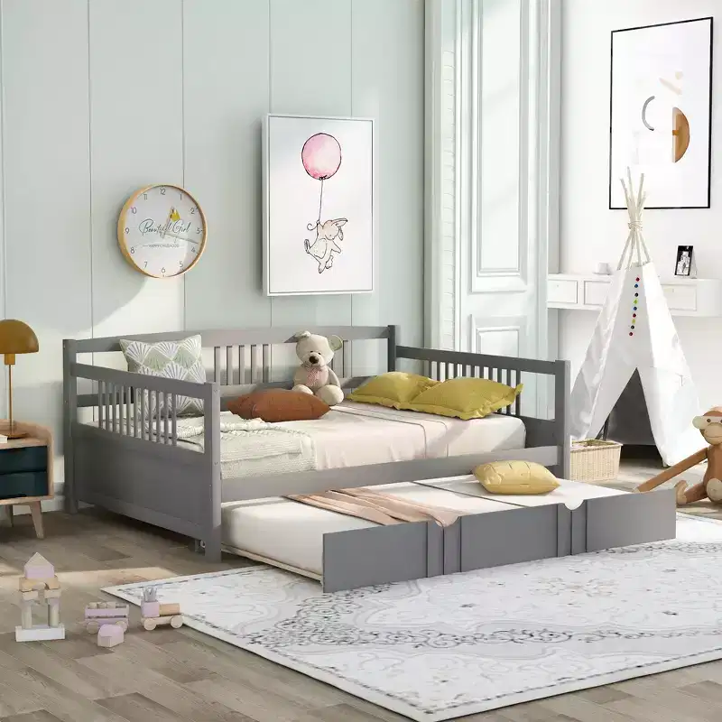 Bellemave Full Bed with Twin Trundle, Wood Platform Bed Frame with Fence Guardrails, Daybed for Bedroom/Living Room, No Box Spring, Gray