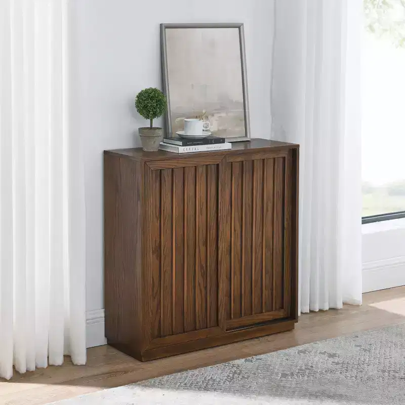 Mid-Century Modern Sideboard with 2 Sliding Doors and Solid Wood Decorative Strips, Storage Cabinet for Living Room or Dining Room