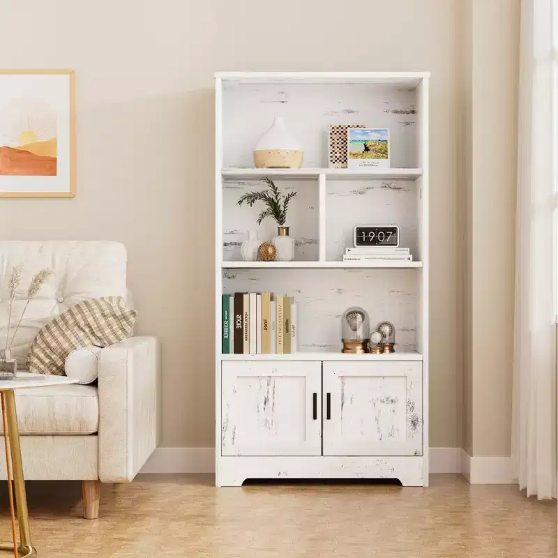 Wooden Modern Storage Rack, Farmhouse Bookshelf, White Bookcase with Door, Bedroom Storage, for Bedroom, Living Room, Home, Office