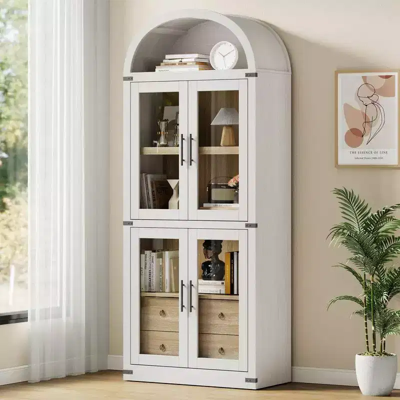 Coolmee Arched Bookshelf with Doors and Drawers, Farmhouse Display Storage Shelves, 71.4in Tall Wooden Display Cabinet Rounded Bookcases
