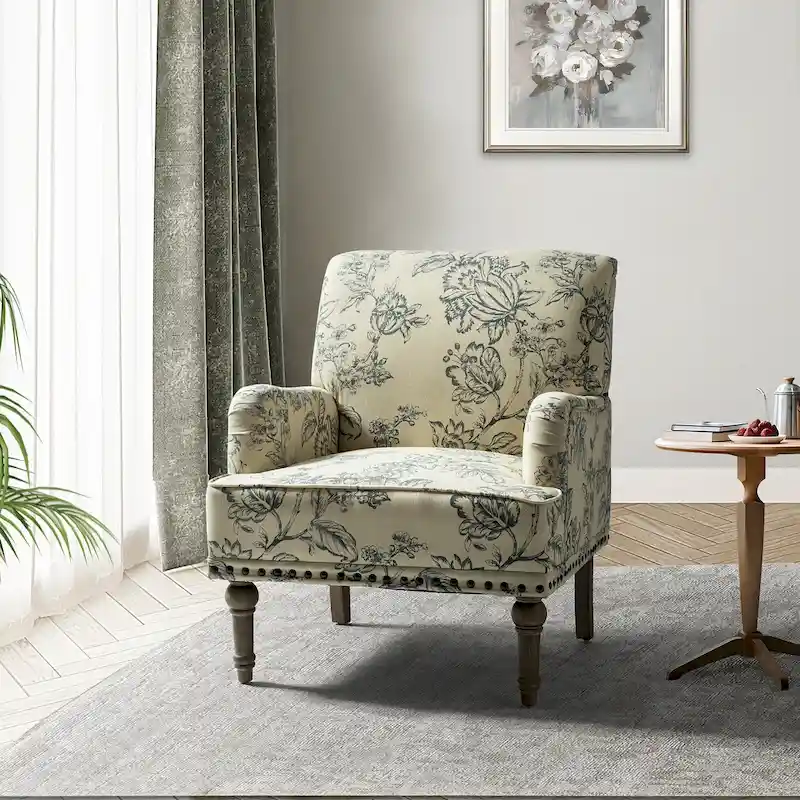 Traditonal Floral Fabric Design Upholstered Accent Armchair with Turned Legs