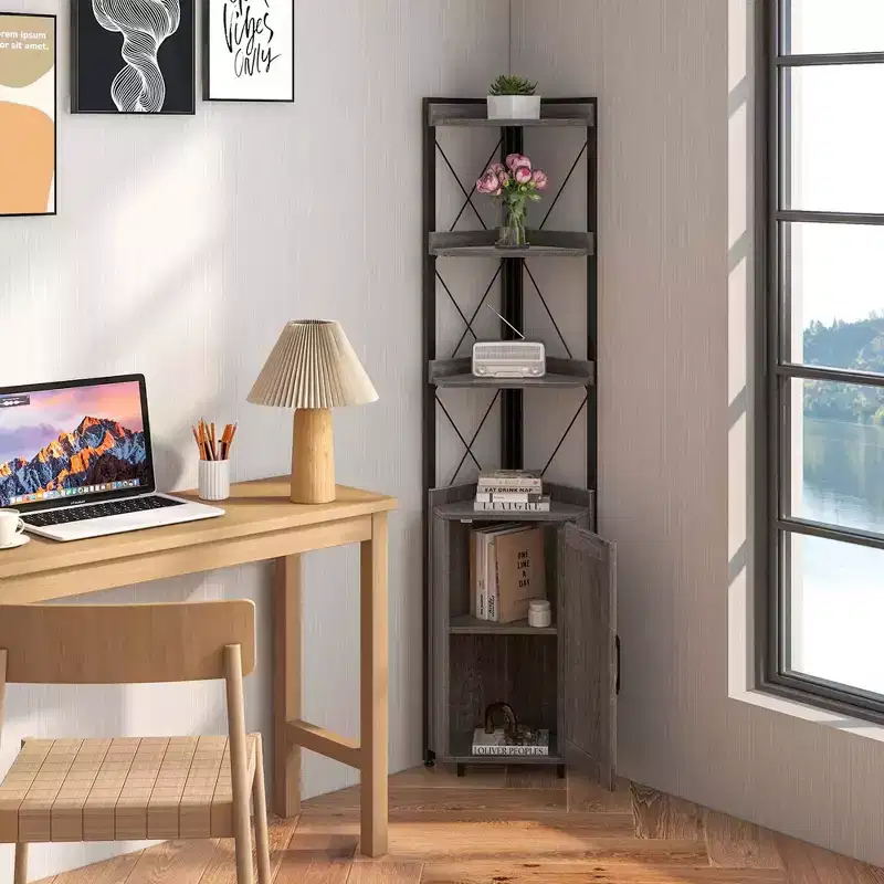 Costway 6-Tier Corner Bookshelf with 5-Level Adjustable Shelf & Anti-Tipping Kits Rustic Brown/Gray