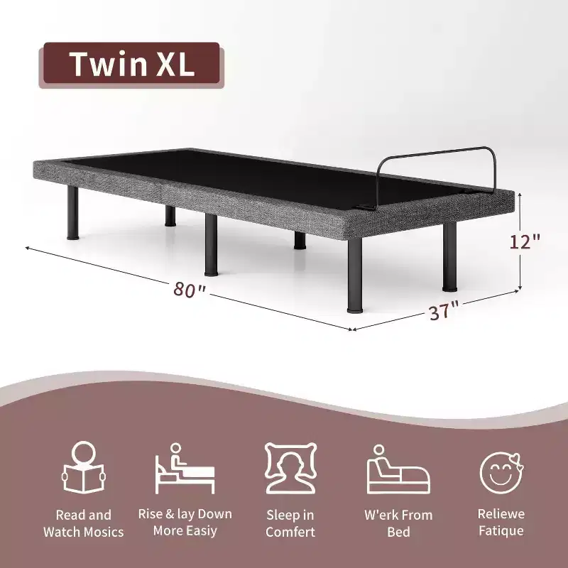 Twin XL Electric Adjustable Bed Frame, Metal & Wood, for 1 Person