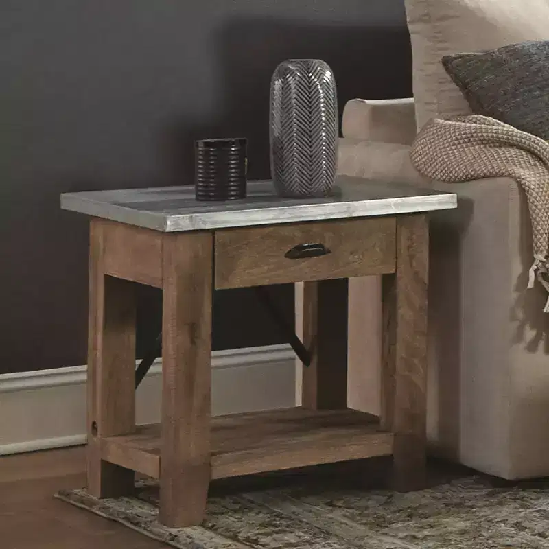 Industrial End Table with Drawer, Brown Hardwood Frame, Silver Zinc Metal Tabletop, 22