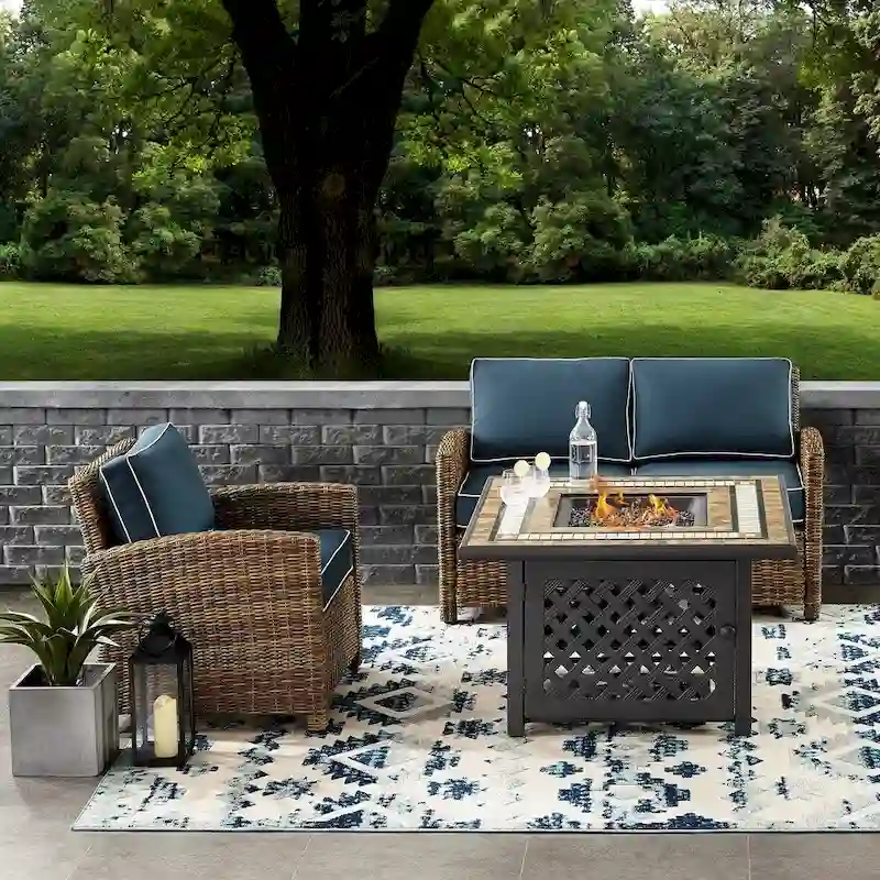 Crosley Bradenton 3 Piece Outdoor Wicker Seating Set With Navy Cushions - 92.63 W x 84.5 D x 32.5 H