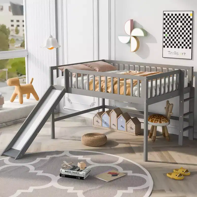 Bellemave Full Size Low Loft Bed with Slide & Vertical Ladder, Solid Wood Frame, Space-Saving Design for Kids, Gray