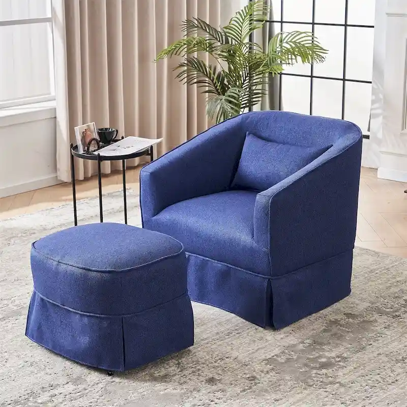 Swivel Barrel Chair with Ottoman and Black Metal Base