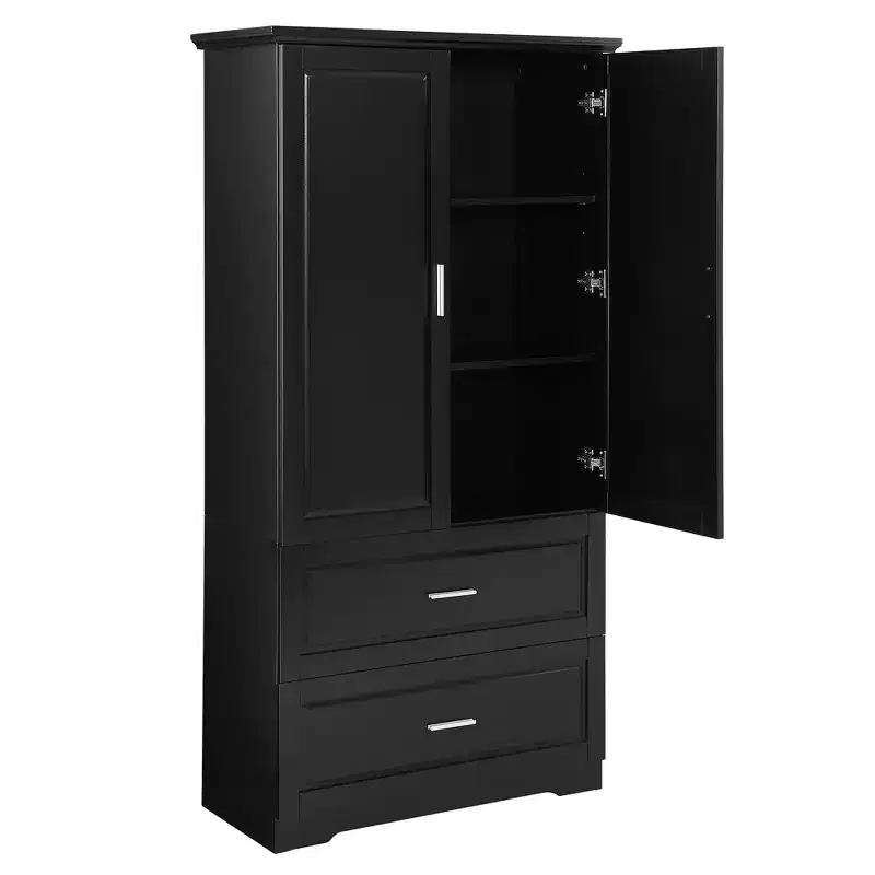 Tall Bathroom Storage Cabinet with 2 Doors, 2 Drawers and Adjustable Shelf, MDF