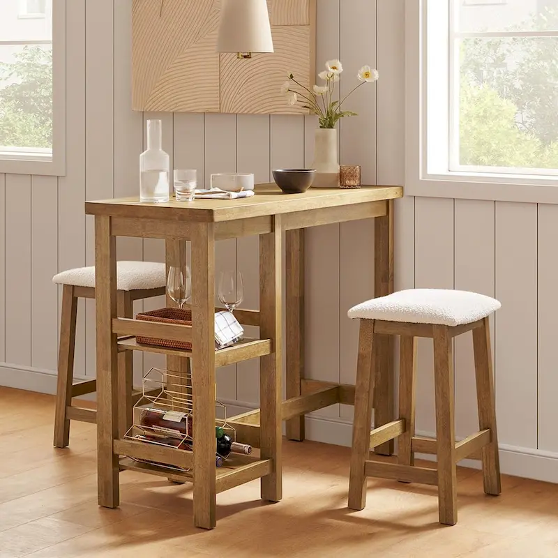 Mopio Kelly Solid Wood Counter Table Set with 2 Boucle stools, 3-piece Dining Set, Small Kitchen Island with Storage Shelves