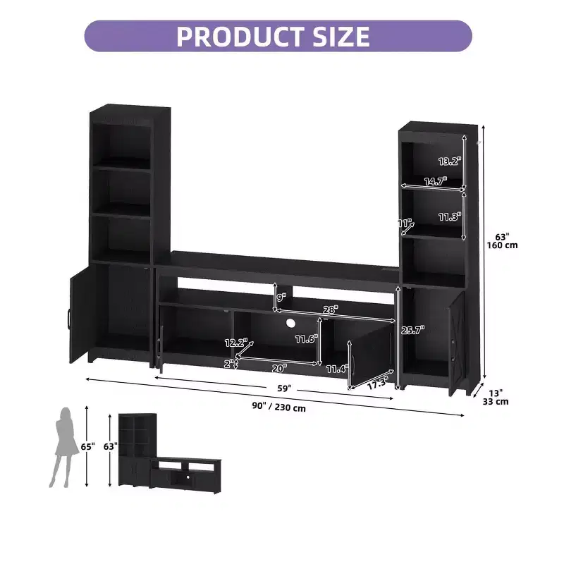 Farmhouse TV Stand for 65 inch TV, LED Entertainment Center with Storage & Power Outlets, TV Cabinet with Bookshelves for Living Room