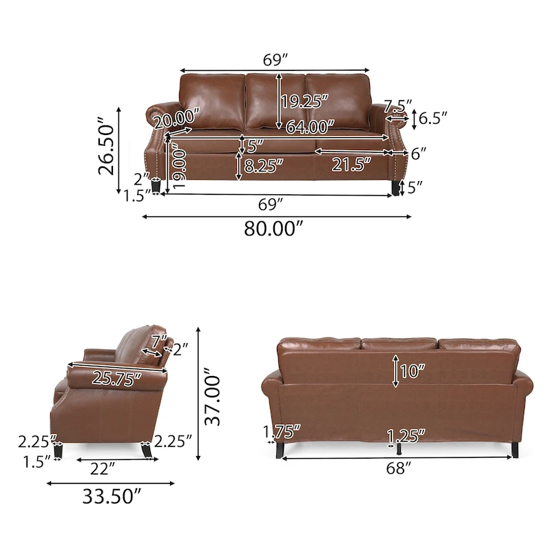 Dowd Faux Leather 3 Seater Sofa with Nailhead Trim by Christopher Knight Home